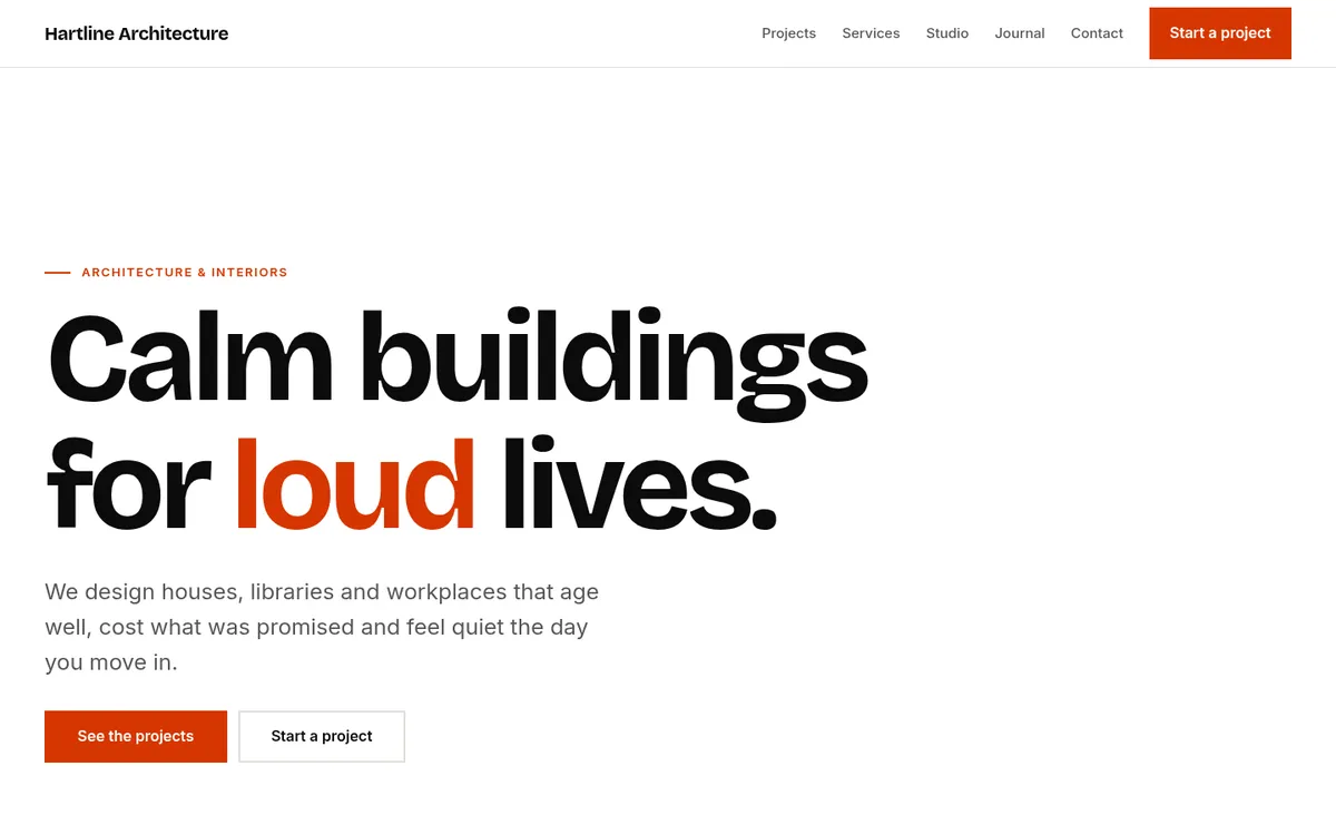 The home page of the Agency template, shown for an architecture studio