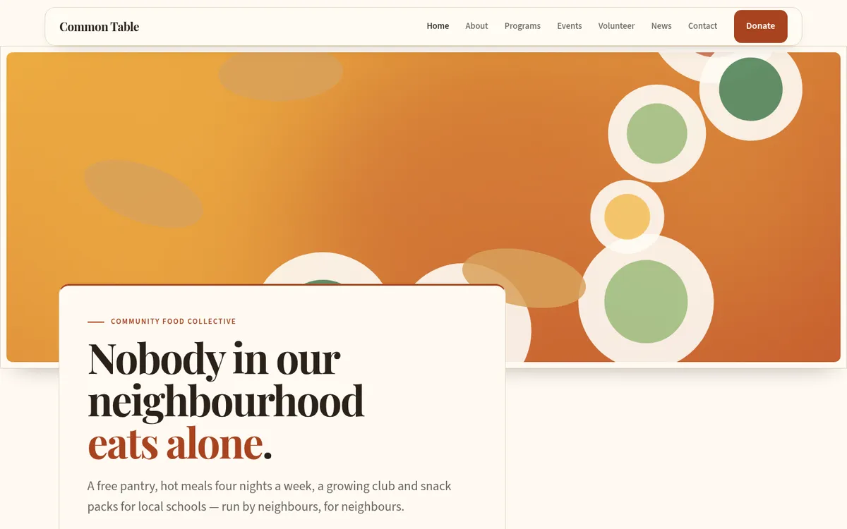 The home page of the Community template, shown for a charity