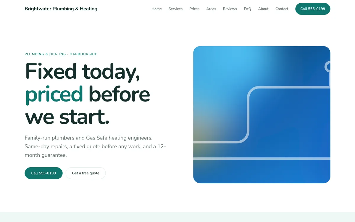 The home page of the Friendly template, shown for a plumbing and heating company