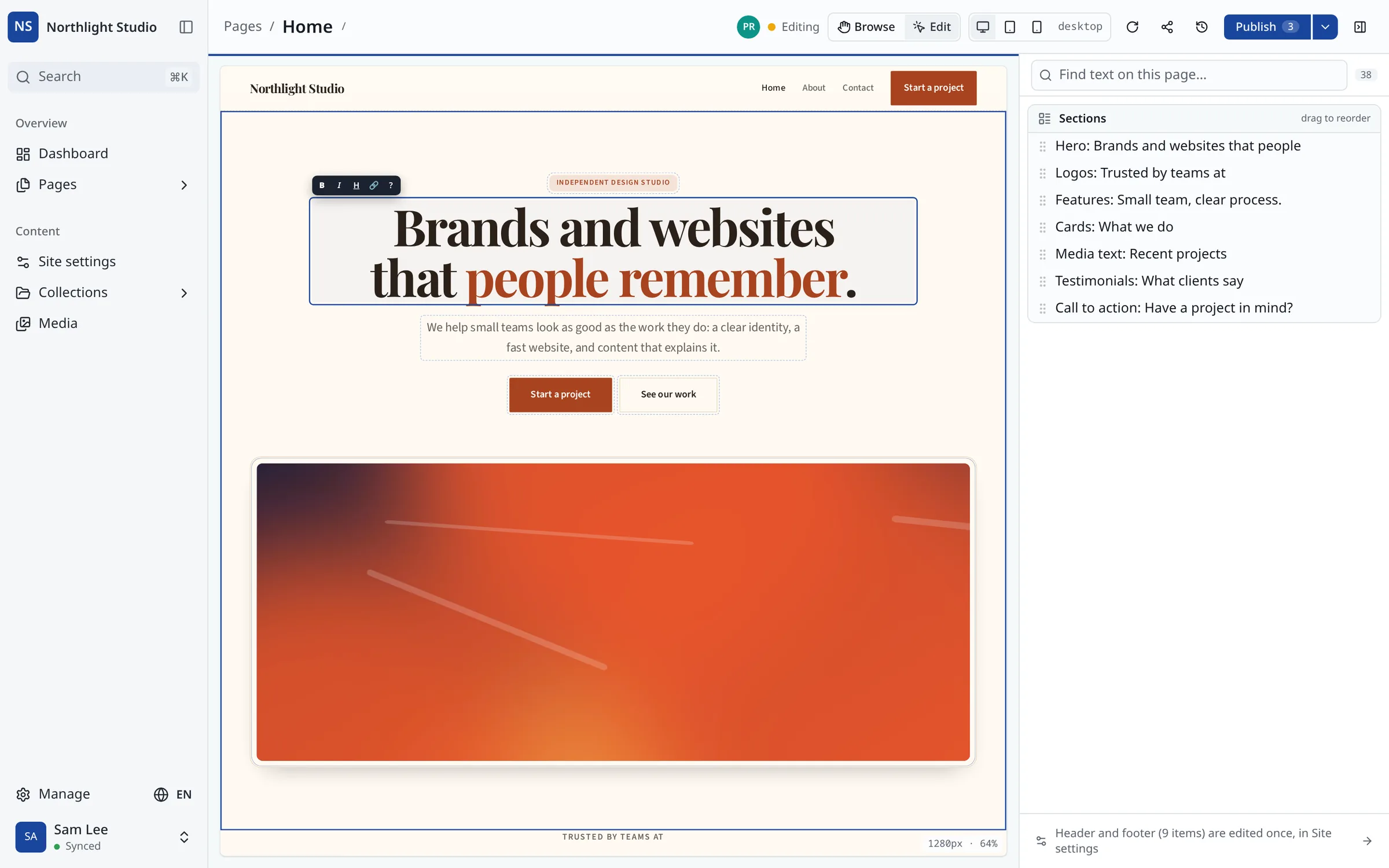 Editing a headline directly on a live page in Clear CMS