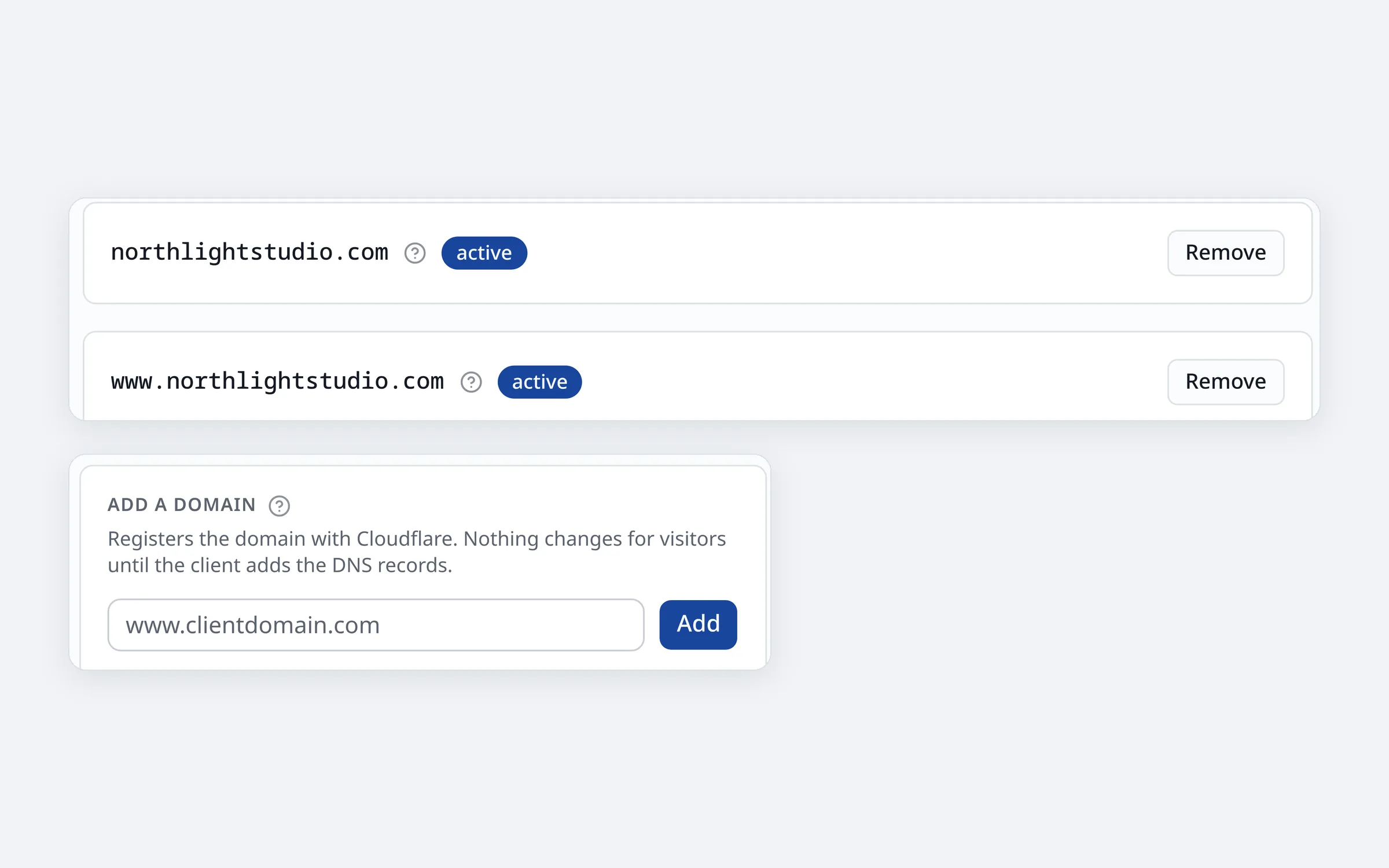 Two domains marked active, above the box for adding a domain
