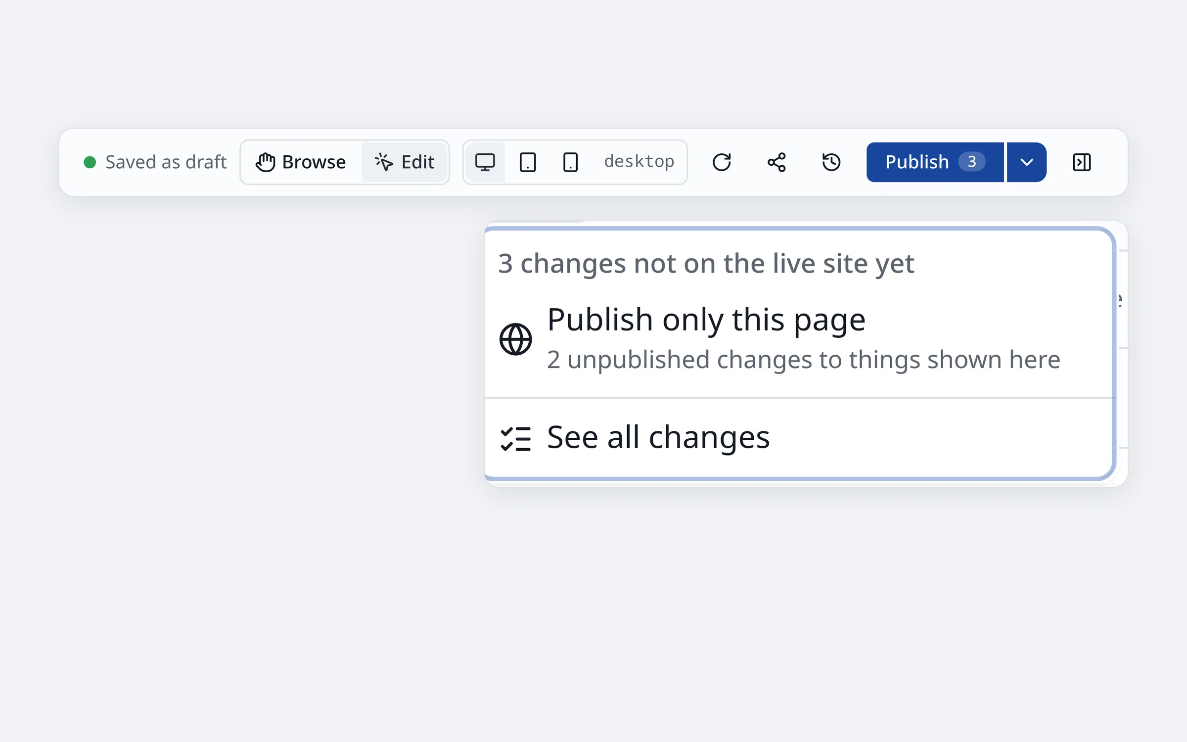 The top bar showing Saved as draft and the Publish button with three changes waiting