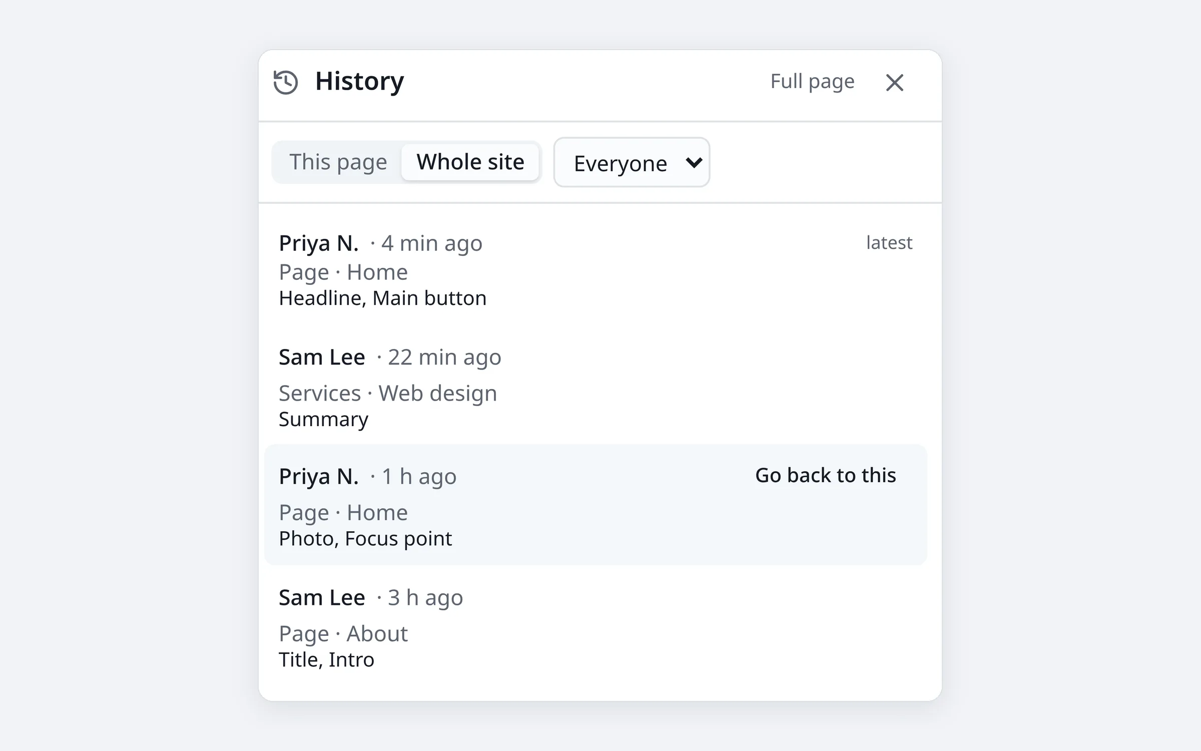 The history panel listing recent changes, each with a button to go back to it