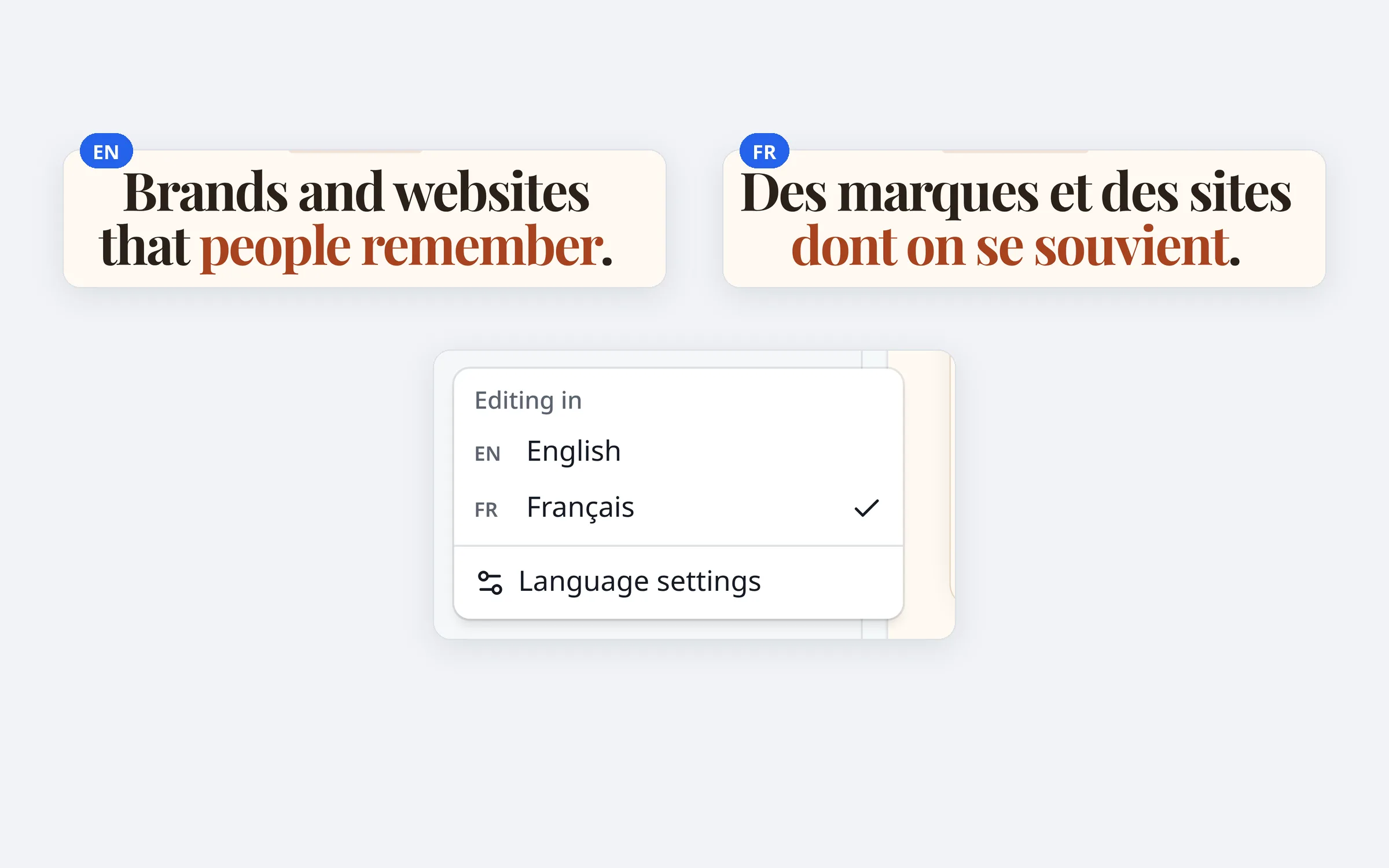 The same headline in English and French side by side, with the language menu