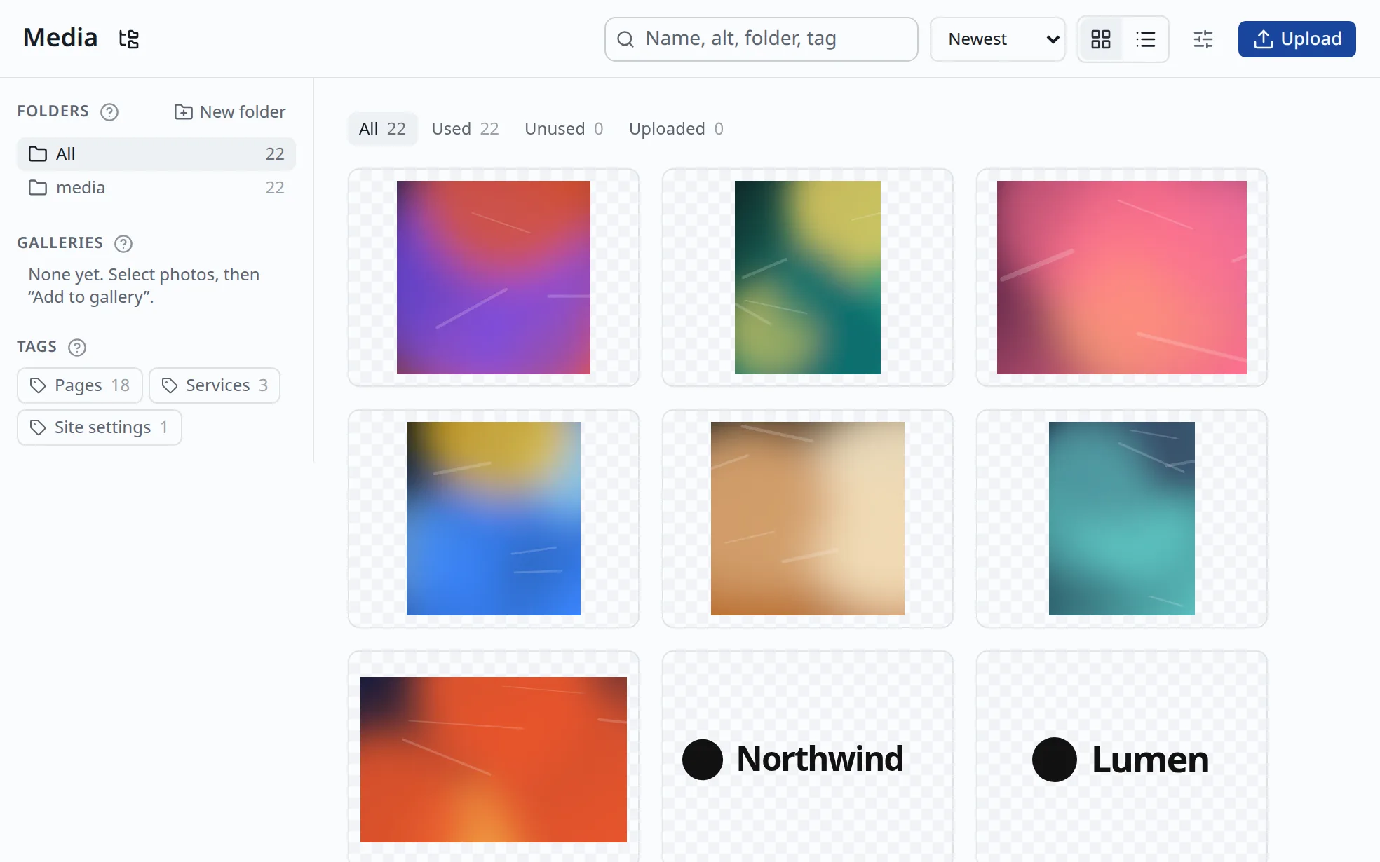 The media library with folders, galleries, tags and photo tiles