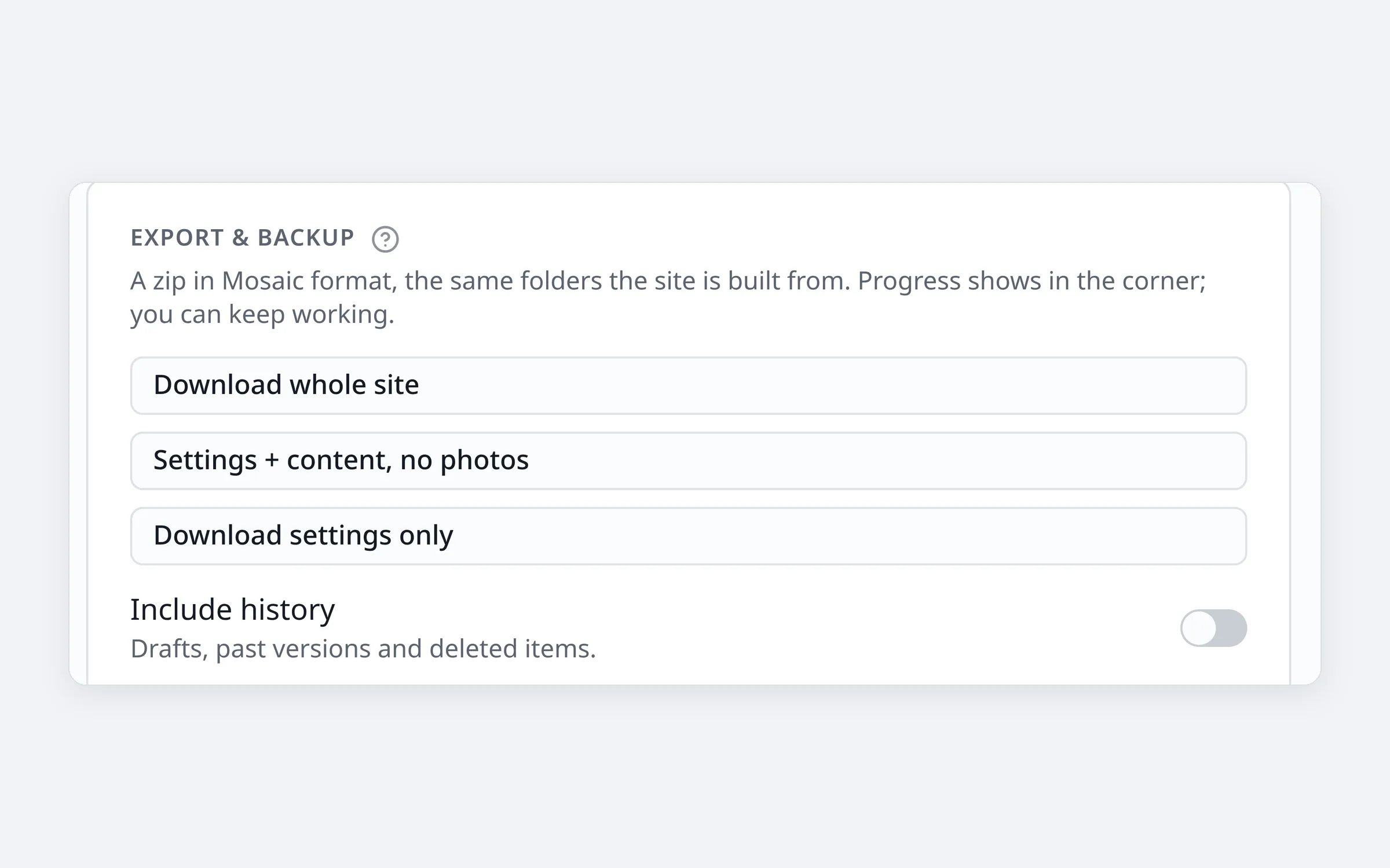 The Export and backup card: download the whole site, or parts of it