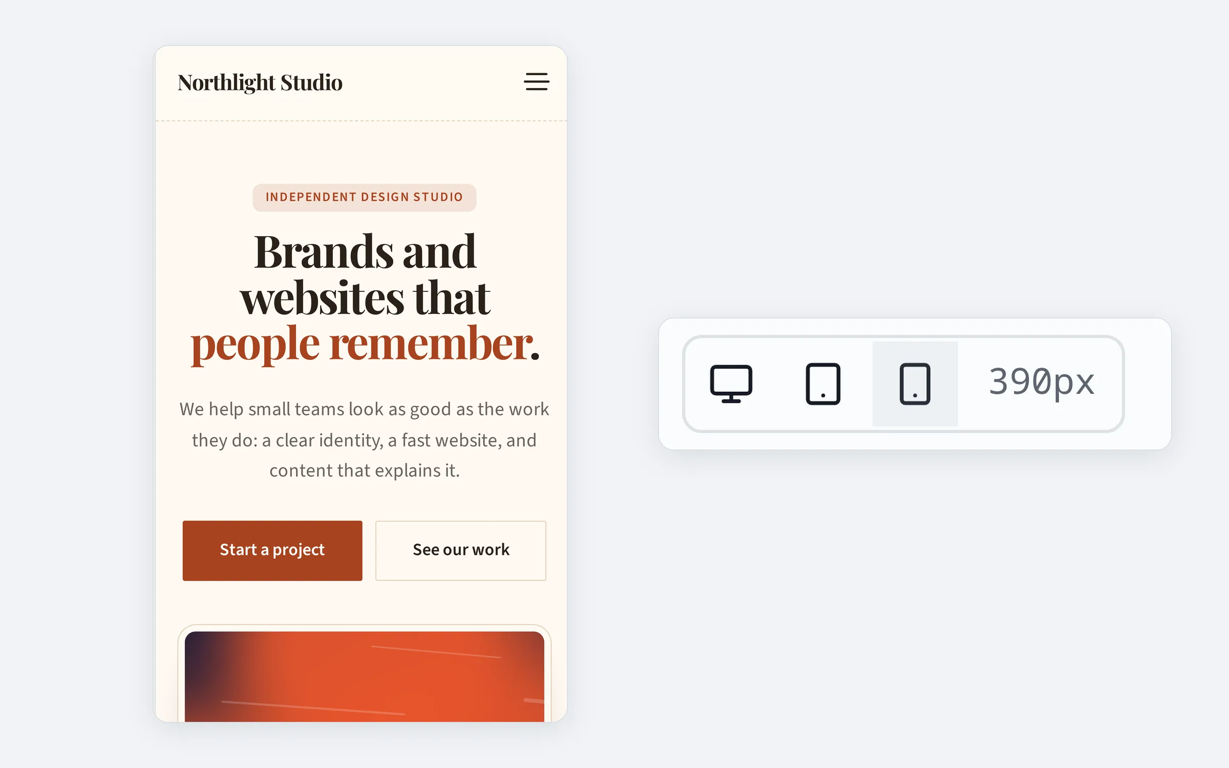 The page shown at phone width, next to the desktop, tablet and phone buttons