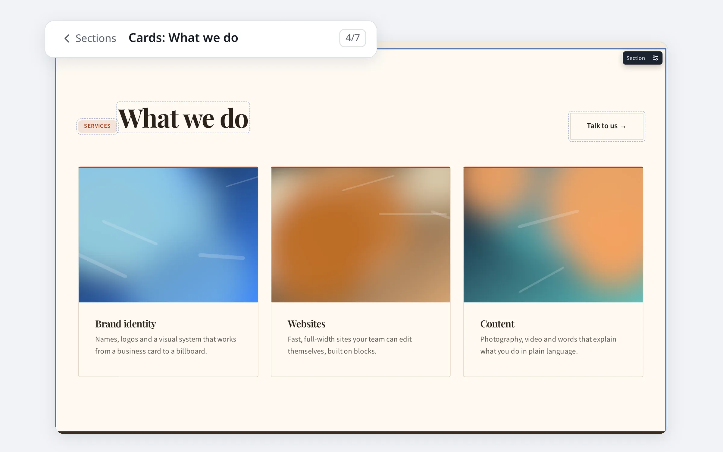 A whole section selected on the page, with every editable part outlined and its place in the section list shown above