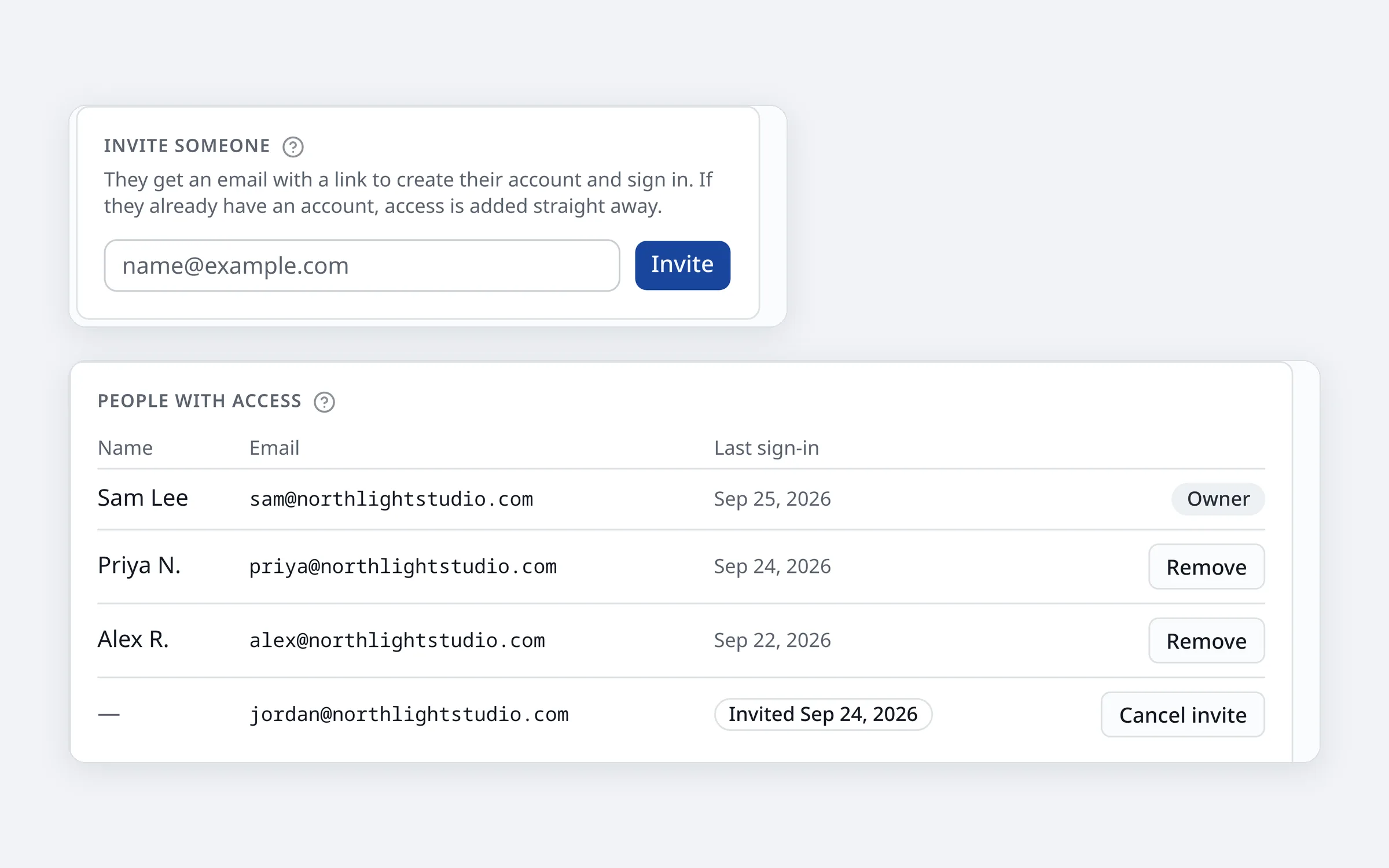 The Users page: an invite box above the list of people with access