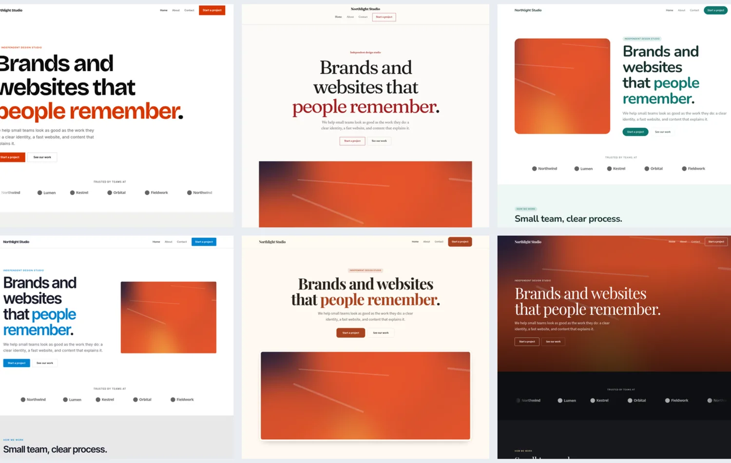 Six looks of the same template page, each with its own colours and fonts